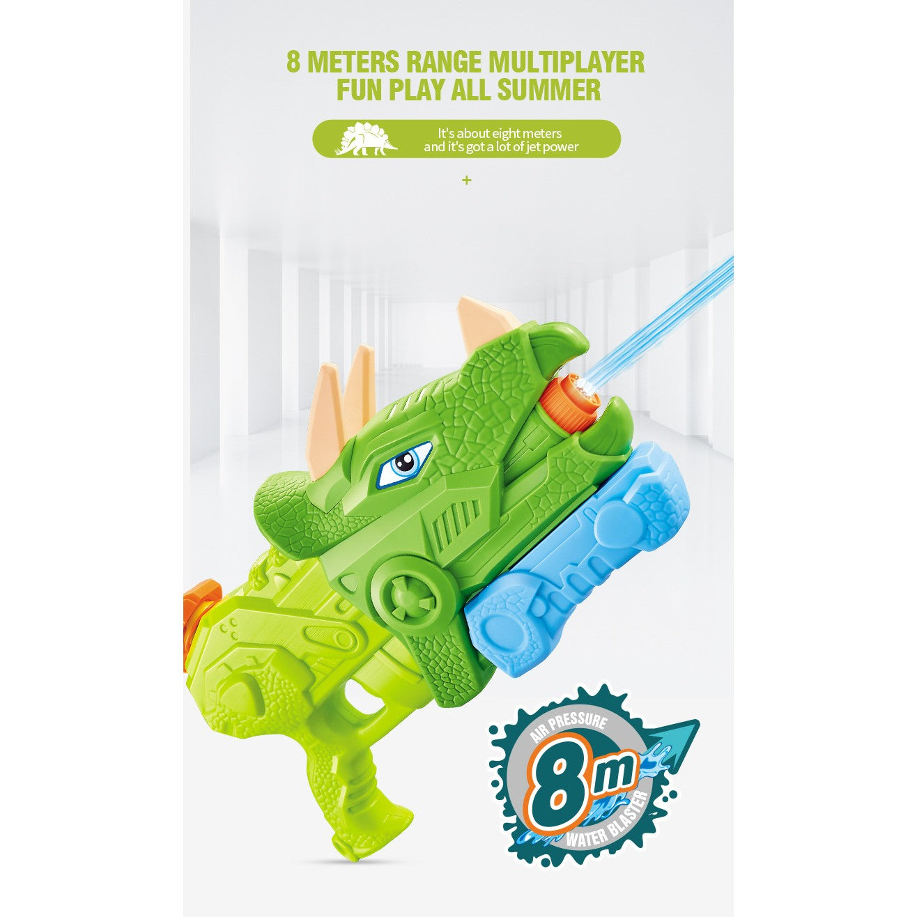 Pistol cu Apa pentru Copii, Rezervor, Pentru Piscina/Plaja, Flippy, 6ani+, Triceratops, 3 duze, Verde, 640ML