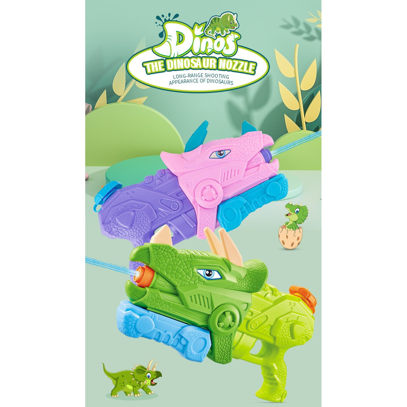 Pistol cu Apa pentru Copii, Rezervor, Pentru Piscina/Plaja, Flippy, 6ani+, Triceratops, 3 duze, Verde, 640ML