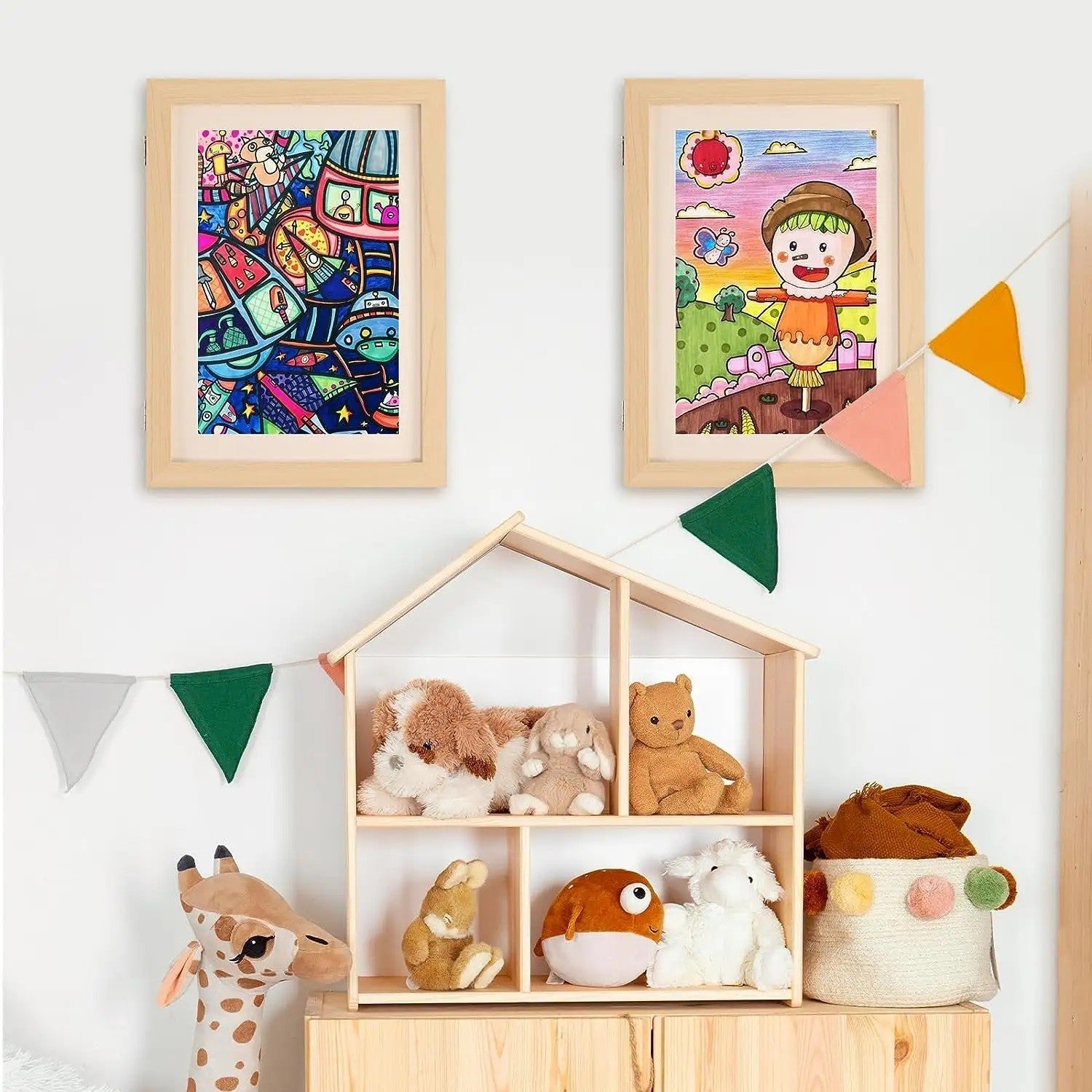 Rama Cutie pentru Foto si Cutie, Flippy, din Lemn, cu Spatiu Pentru Depozitare, Pentru Desene si Picturi A4, Sticla Securizata, 35 x 26 x 4 cm, 530 g, Maro Lemn
