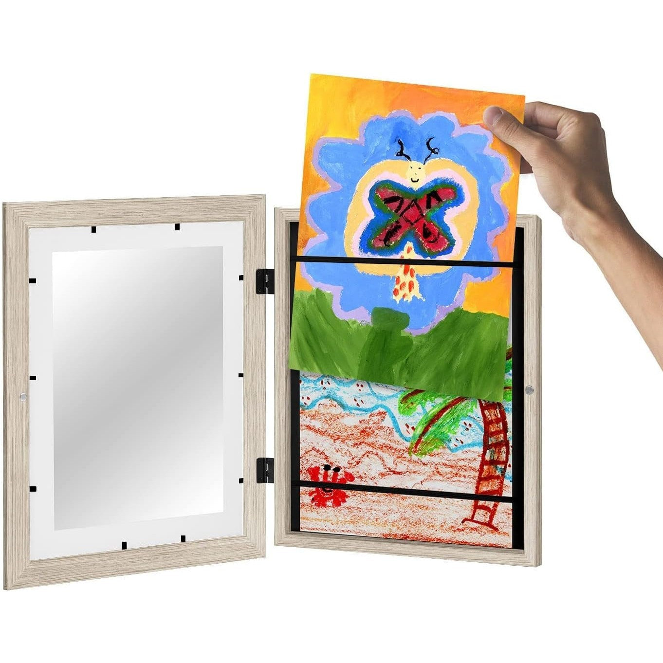 Rama Cutie pentru Foto si Cutie, Flippy, din Lemn, cu Spatiu Pentru Depozitare, Pentru Desene si Picturi A4, Sticla Securizata, 35 x 26 x 4 cm, 530 g, Maro Lemn