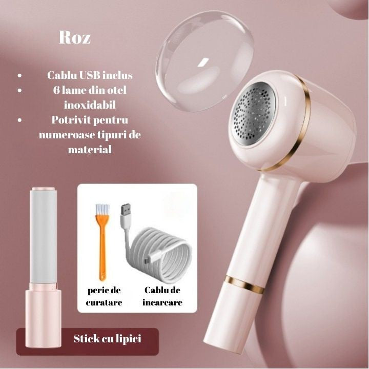 Aparat Pentru Curatat Scame, Par Si Praf, Flippy, Pentru Diferite Tipuri De Material, Cu Lame Din Otel Inoxidabil, Incarcare Prin USB Type-C, Cu Perie De Curatare, Cablu USB Si Stick Cu Lipici Incluse, Roz, 220 x 86 mm
