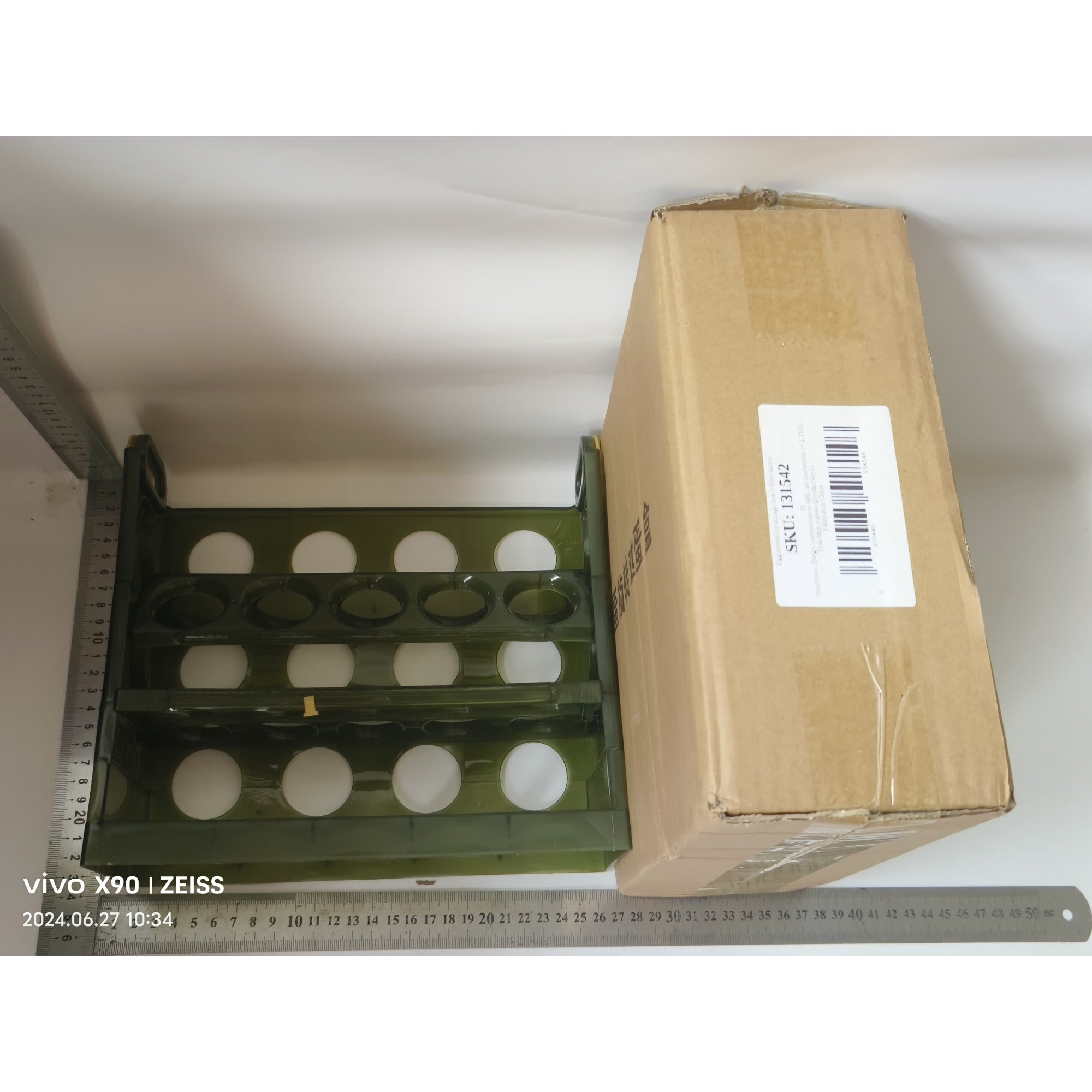 Suport Organizator pentru Oua, Flippy, pentru Frigider, Verde transparent, Capacitate 30 oua, Trei straturi, cu Data de Expirare, 25.5x10x23 cm