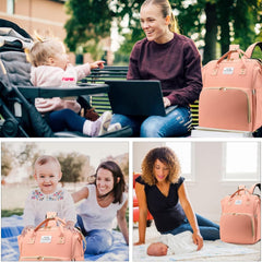 Rucsac Multifunctional pentru Mamici, Flippy, cu Patut Pliabil si Baza de Schimbat, Rezistent la Apa, Capacitate Mare, Usor, Compartimente Multiple, Buzunar Termic pentru Lapte, 42 x 32 x 22 cm, Roz Pudra