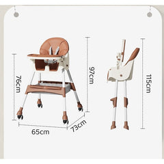Scaun de masa pentru bebelusi si copii Flippy, cu roti, telescopic, pliabil, masuta reglabila, suport picioare, scaun invelis piele artificiala, centura siguranta, spatiu depozitare, 97 x 73 x 65 cm, maro