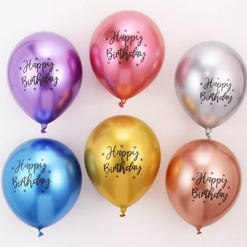 Baloane din Latex Metal Cromat, Flippy, set din 10 Baloane, Cu Decoratiuni Printate HAPPY BIRTHDAY, Pentru Petrecere Auriu Argintiu Albastru Rosu Mov, Set Multicolor