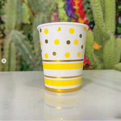 Set 10 Pahare, Flippy, Imprimeu cu Buline si Dungi, din Carton, 250 ml, 7.5 x 8.5 x 5.2 cm, Galben/Auriu