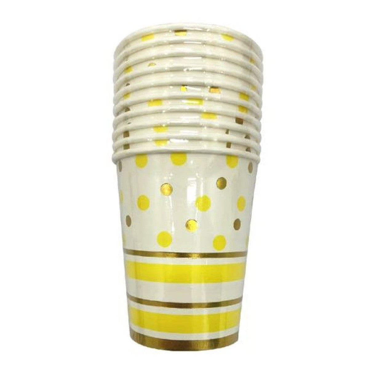 Set 10 Pahare, Flippy, Imprimeu cu Buline si Dungi, din Carton, 250 ml, 7.5 x 8.5 x 5.2 cm, Galben/Auriu