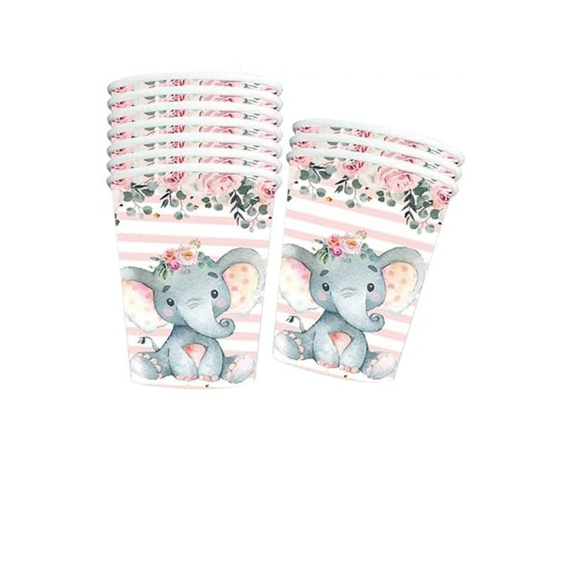 Set 10 Pahare, Flippy, Imprimeu Elefant, din Carton, 7.5 x 8.5 cm, Roz