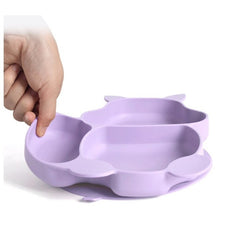 Set 10 piese diversificare bebelusi si copii din silicon Flippy, baveta, farfurie compartimentata cu ventuza, bol cu ventuza, tacamuri din lemn si silicon, cana pentru gustari, fara alergeni, mov