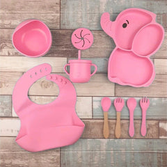 Set 10 Piese Servire Masa. Flippy, pentru Bebelusi si Copii, din Silicon/Lemn, cu Ventuze Anti-alunecare, fara Alergeni. +6 Luni, Model Elefant, Roz