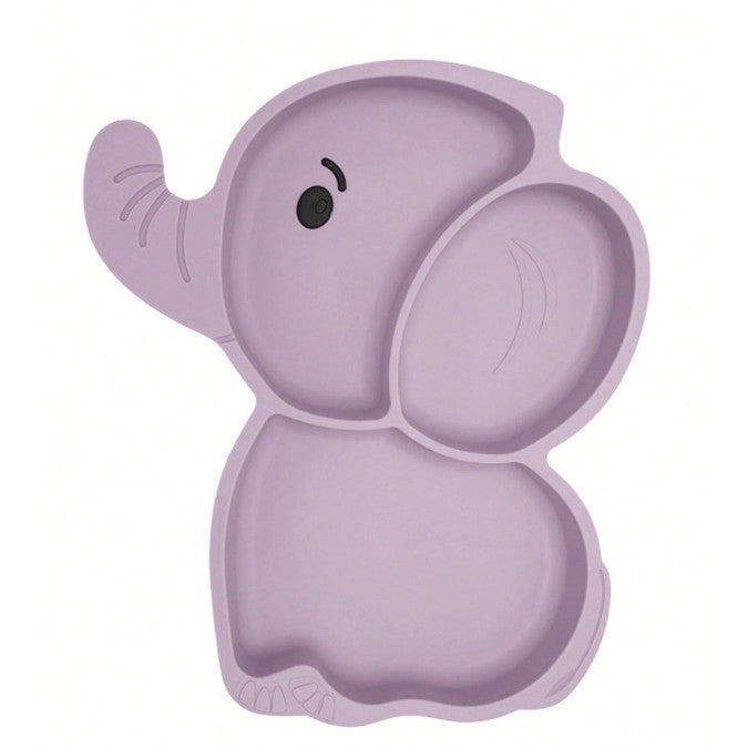 Set 10 Piese Servire Masa. Flippy, pentru Bebelusi si Copii, din Silicon/Lemn, cu Ventuze Anti-alunecare, fara Alergeni. +6 Luni, Model Elefant, Mov