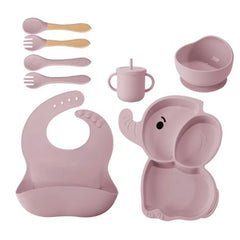 Set 10 Piese Servire Masa. Flippy, pentru Bebelusi si Copii, din Silicon/Lemn, cu Ventuze Anti-alunecare, fara Alergeni. +6 Luni, Model Elefant, Mov