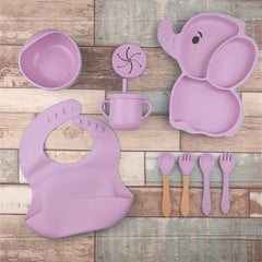 Set 10 Piese Servire Masa. Flippy, pentru Bebelusi si Copii, din Silicon/Lemn, cu Ventuze Anti-alunecare, fara Alergeni. +6 Luni, Model Elefant, Mov