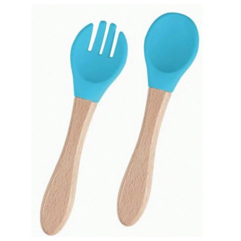 Set 10 Piese Servire Masa. Flippy, pentru Bebelusi si Copii, din Silicon/Lemn, cu Ventuze Anti-alunecare, fara Alergeni. +6 Luni, Model Elefant, Albastru