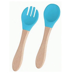 Set 10 Piese Servire Masa. Flippy, pentru Bebelusi si Copii, din Silicon/Lemn, cu Ventuze Anti-alunecare, fara Alergeni. +6 Luni, Model Elefant, Albastru