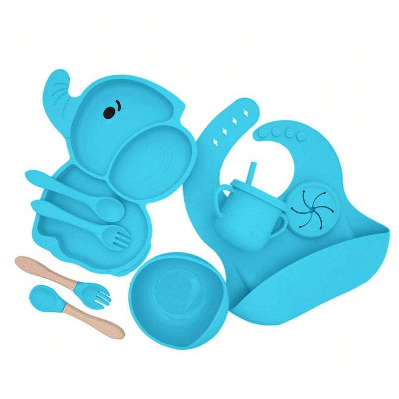 Set 10 Piese Servire Masa. Flippy, pentru Bebelusi si Copii, din Silicon/Lemn, cu Ventuze Anti-alunecare, fara Alergeni. +6 Luni, Model Elefant, Albastru