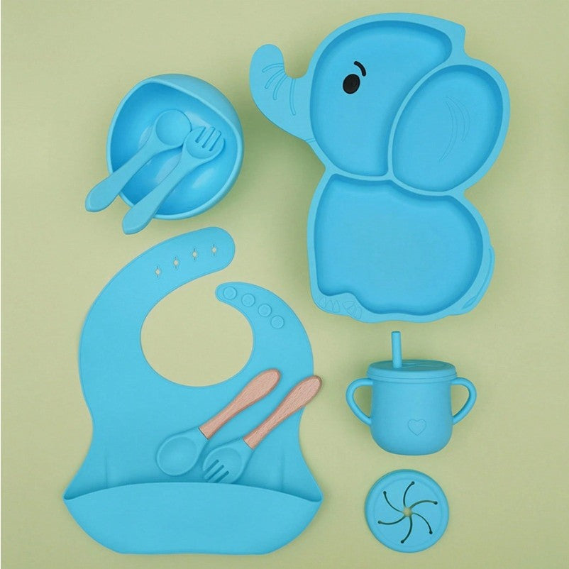 Set 10 Piese Servire Masa. Flippy, pentru Bebelusi si Copii, din Silicon/Lemn, cu Ventuze Anti-alunecare, fara Alergeni. +6 Luni, Model Elefant, Albastru
