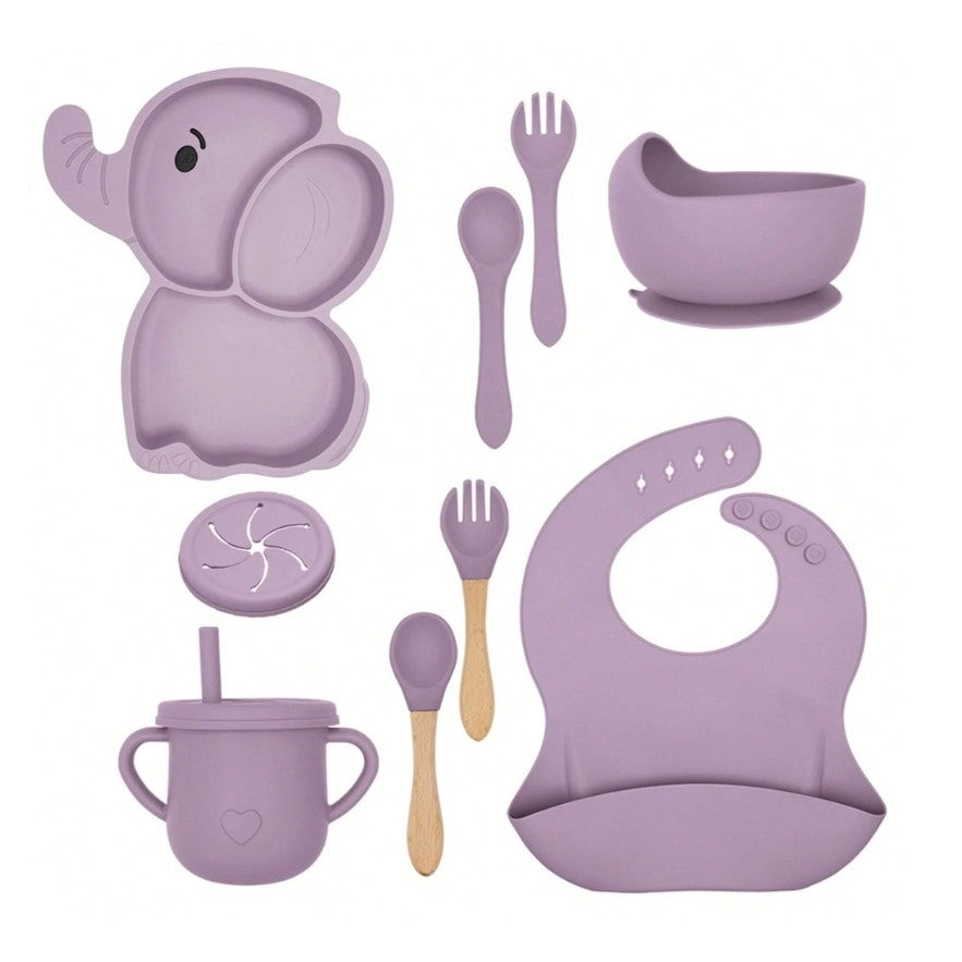 Set 10 Piese Servire Masa. Flippy, pentru Bebelusi si Copii, din Silicon/Lemn, cu Ventuze Anti-alunecare, fara Alergeni. +6 Luni, Model Elefant, Mov