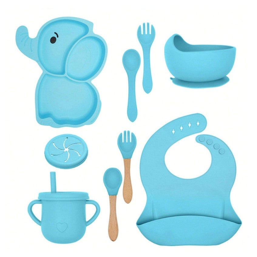Set 10 Piese Servire Masa. Flippy, pentru Bebelusi si Copii, din Silicon/Lemn, cu Ventuze Anti-alunecare, fara Alergeni. +6 Luni, Model Elefant, Albastru