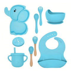 Set 10 Piese Servire Masa. Flippy, pentru Bebelusi si Copii, din Silicon/Lemn, cu Ventuze Anti-alunecare, fara Alergeni. +6 Luni, Model Elefant, Albastru
