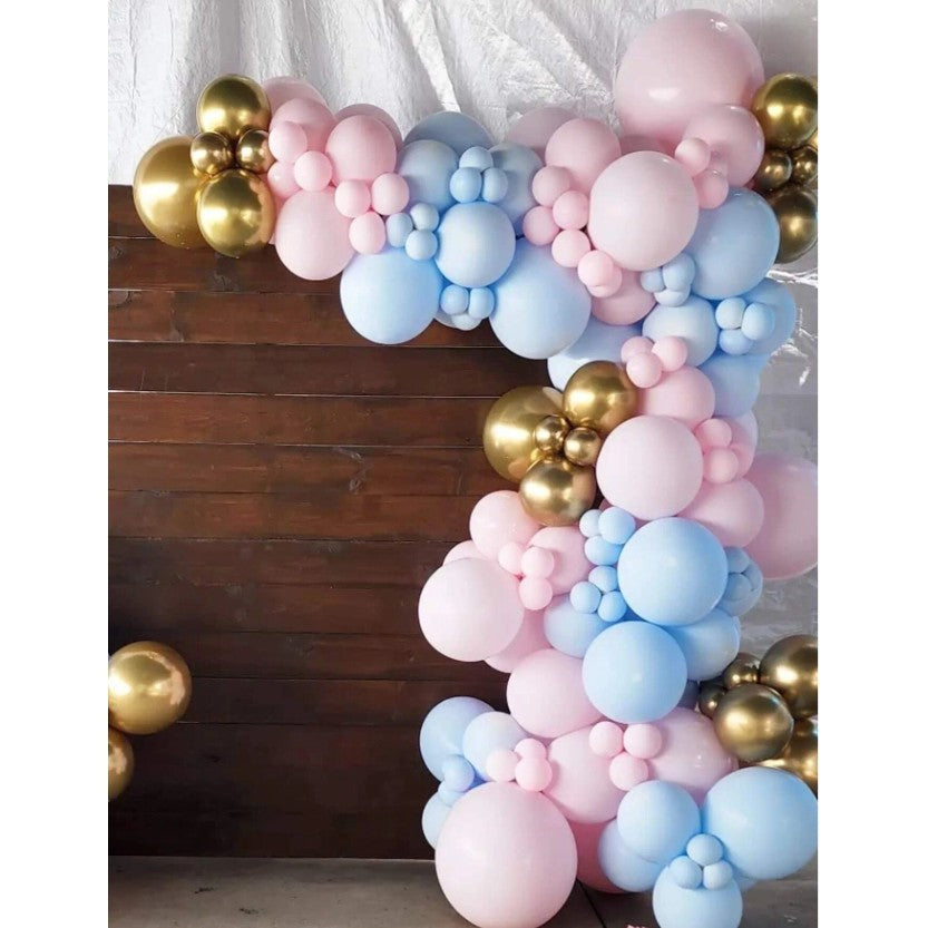 Baloane decorative pentru BABY SHOWER, Flippy, Arcada Set 106 baloane din latex, Model Petrecere, Baloane Party, 12 cm, 30 cm, 45 cm, Roz, Albastru, Gold
