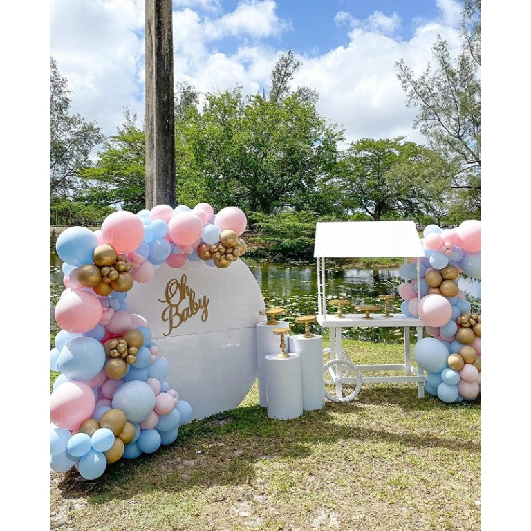 Baloane decorative pentru BABY SHOWER, Flippy, Arcada Set 106 baloane din latex, Model Petrecere, Baloane Party, 12 cm, 30 cm, 45 cm, Roz, Albastru, Gold
