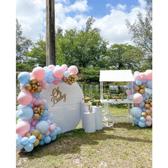 Baloane decorative pentru BABY SHOWER, Flippy, Arcada Set 106 baloane din latex, Model Petrecere, Baloane Party, 12 cm, 30 cm, 45 cm, Roz, Albastru, Gold