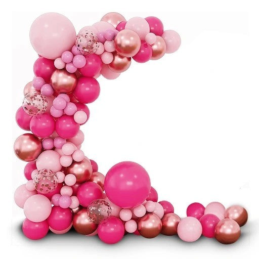 Set 126 Baloane din Latex, Flippy, Model Petrecere pentru Arcada, Baloane Party, 12 cm, 25 cm, 30 cm, 45 cm, Roz, Roz Pal, Gold