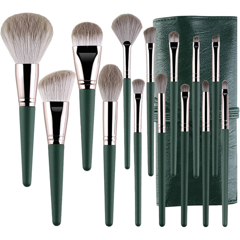 Set 14 Pensule de Machiaj cu Peri Moi, Flippy, cu Suport pentru Depozitare, Verzi