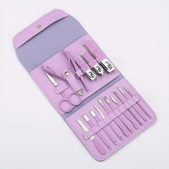 Set 16 Piese de Ingrijire Cosmetica, Flippy, pentru Manichiura, Pedichiura, Fata, Geanta Organizatoare din Piele Ecologica Inclusa, Mov