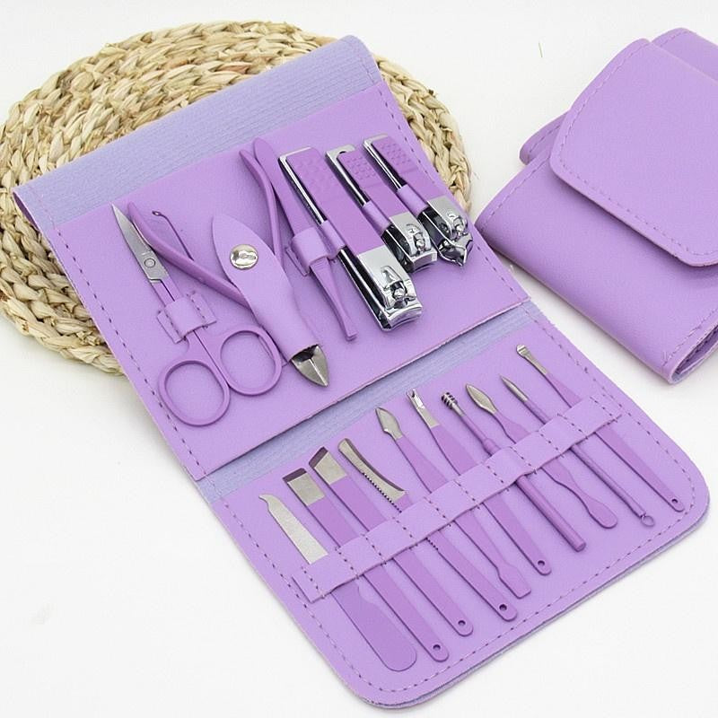 Set 16 Piese de Ingrijire Cosmetica, Flippy, pentru Manichiura, Pedichiura, Fata, Geanta Organizatoare din Piele Ecologica Inclusa, Mov