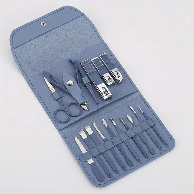 Set 16 Piese de Ingrijire Cosmetica, Flippy, pentru Manichiura, Pedichiura, Fata, Geanta Organizatoare din Piele Ecologica Inclusa, Albastru