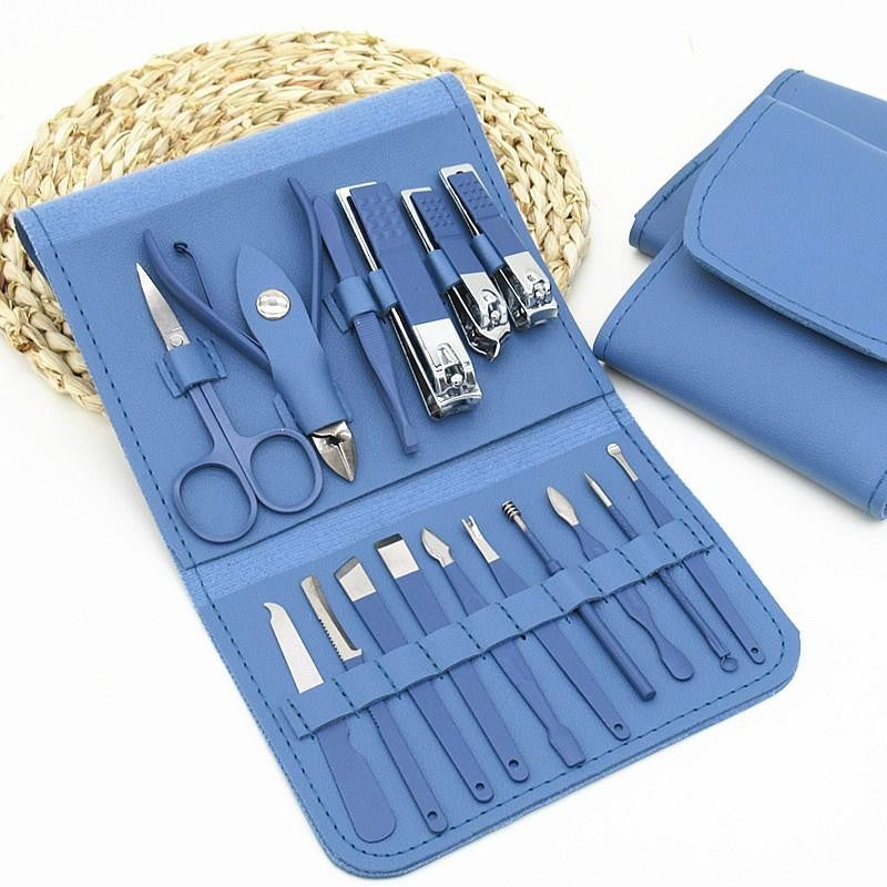 Set 16 Piese de Ingrijire Cosmetica, Flippy, pentru Manichiura, Pedichiura, Fata, Geanta Organizatoare din Piele Ecologica Inclusa, Albastru