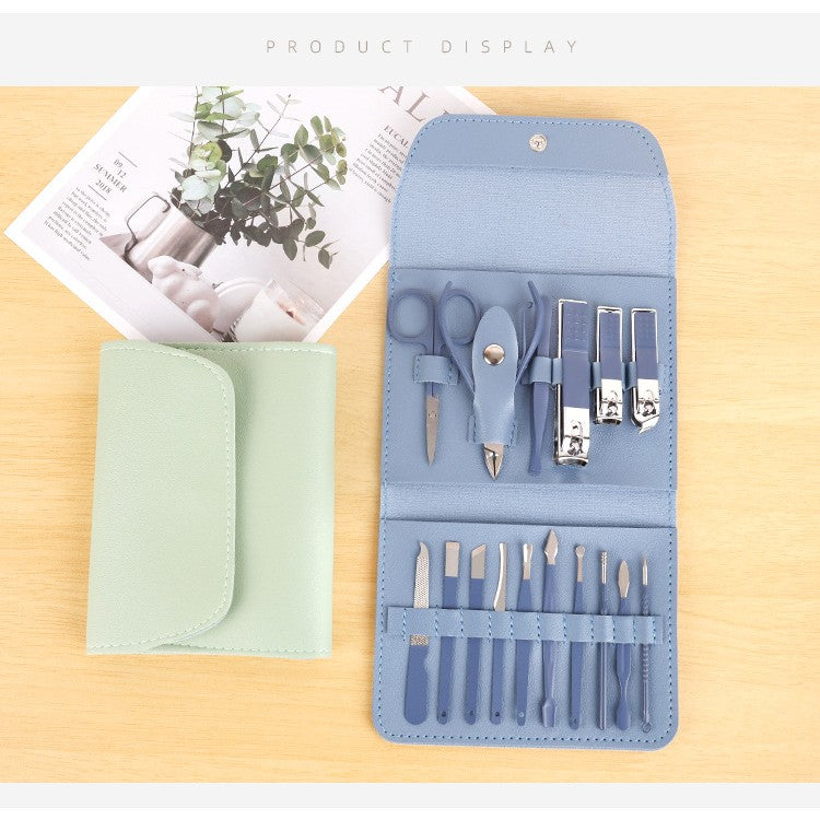 Set 16 Piese de Ingrijire Cosmetica, Flippy, pentru Manichiura, Pedichiura, Fata, Geanta Organizatoare din Piele Ecologica Inclusa, Albastru