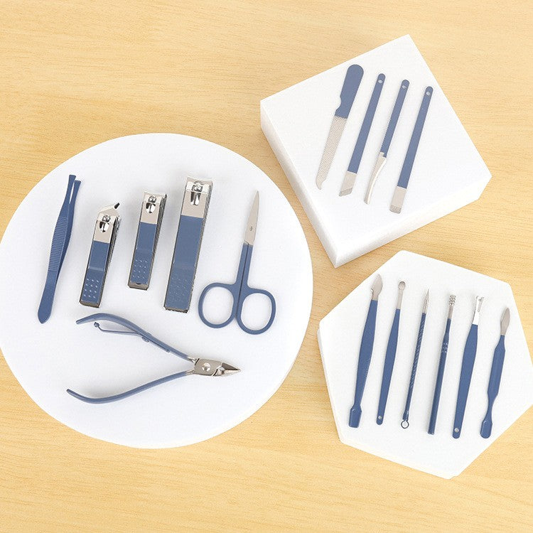 Set 16 Piese de Ingrijire Cosmetica, Flippy, pentru Manichiura, Pedichiura, Fata, Geanta Organizatoare din Piele Ecologica Inclusa, Albastru
