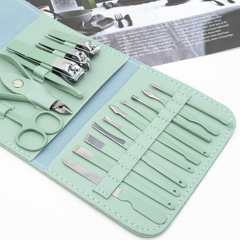 Set 16 Piese de Ingrijire Cosmetica, Flippy, pentru Manichiura, Pedichiura, Fata, Geanta Organizatoare din Piele Ecologica Inclusa, Verde