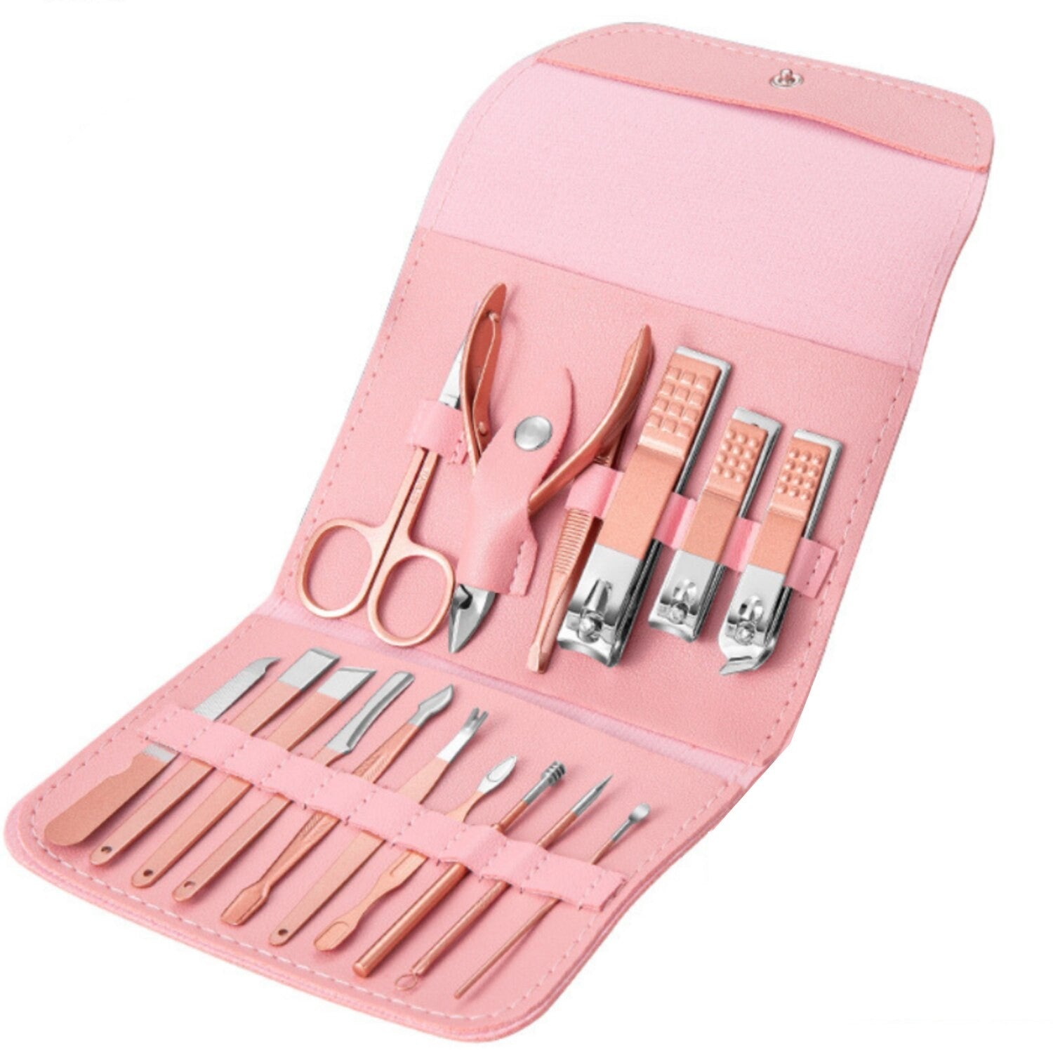 Set 16 Piese de Ingrijire Cosmetica, Flippy, pentru Manichiura, Pedichiura, Fata, Geanta Organizatoare din Piele Ecologica Inclusa, Roz