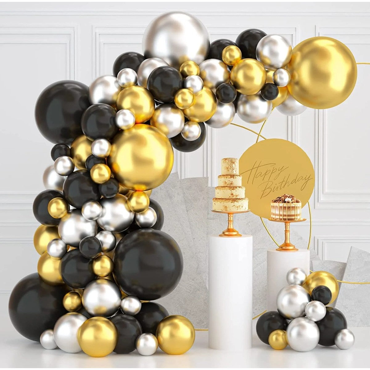 Set 163 Baloane din Latex, Flippy, Model Petrecere pentru Arcada, Baloane Party, 12 cm, 30 cm, 45 cm, Negru, Auriu, Alb