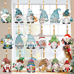 Set 18 Decoratiuni de Craciun din Lemn, Flippy, cu Snur pentru Agatare in Brad, Model Gnomi, Diferite Dimensiuni, Albastru