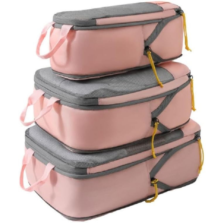 Set 3 Genti de Calatorie Flippy, Pentru Depozitare, Compresibile, 3 Dimensiuni, Mic, Mediu, Mare, Impermeabile, Fermoar Dublu, Roz
