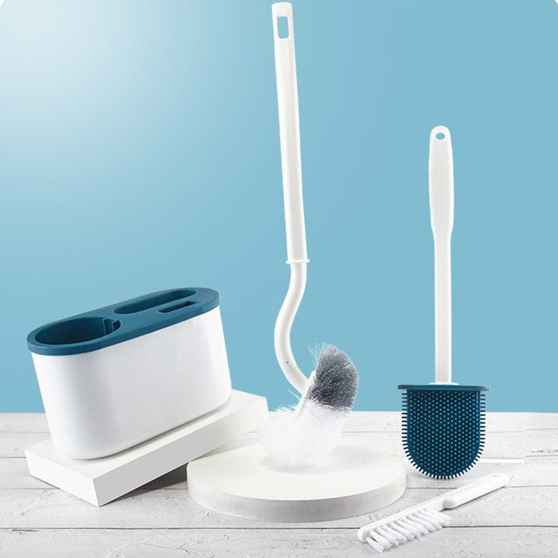 Set 3 Perii pentru Toaleta, Flippy, din Silicon, Perie Zimtata, Cap Flexibil, Suport Adeziv pentru Montarea pe Perete, 39 x 19 x 9.8 cm, Albastru/Alb