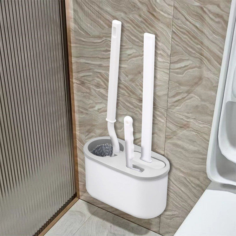 Set 3 Perii pentru Toaleta, Flippy, din Silicon, Perie Zimtata, Cap Flexibil, Suport Adeziv pentru Montarea pe Perete, 39 x 19 x 9.8 cm, Gri/Alb