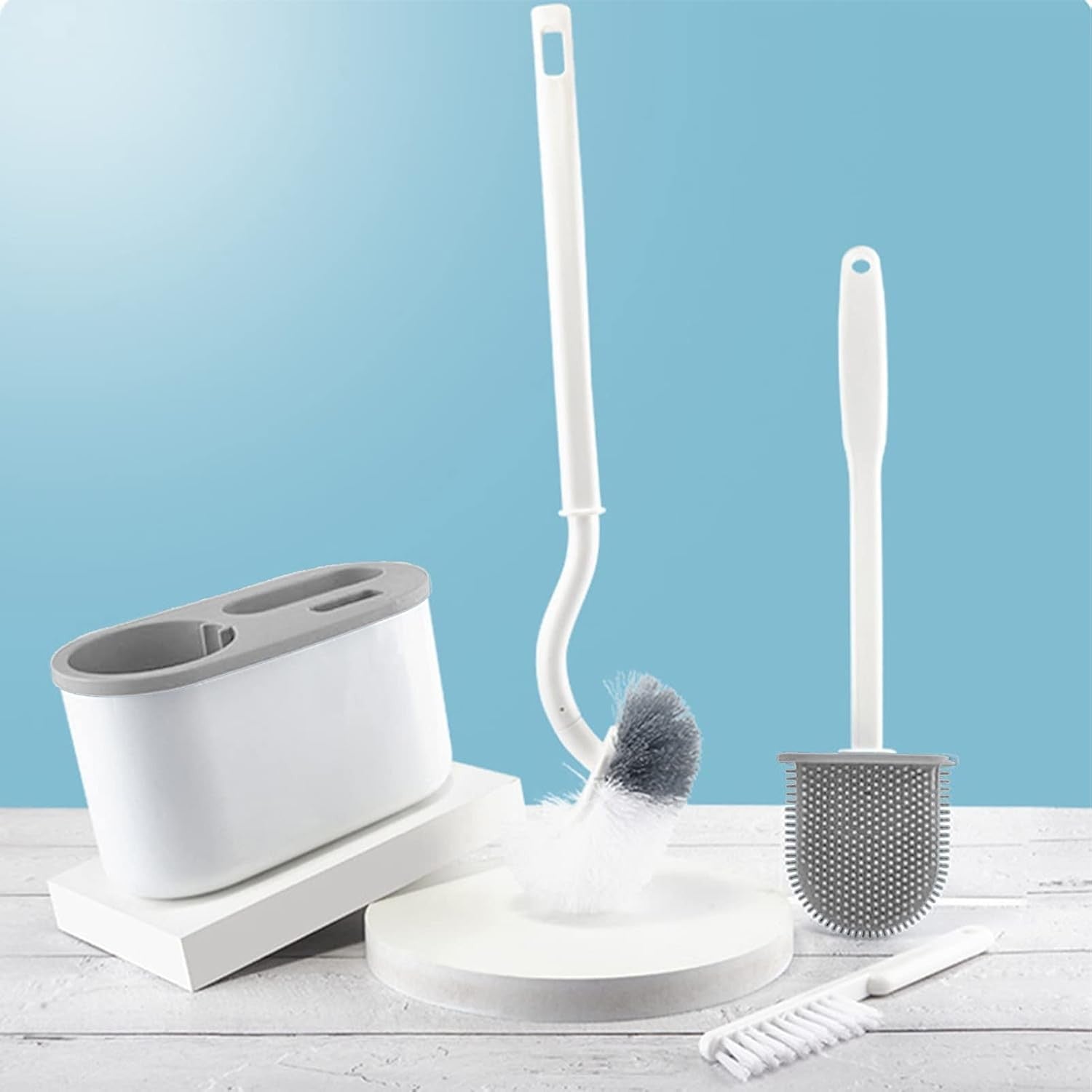 Set 3 Perii pentru Toaleta, Flippy, din Silicon, Perie Zimtata, Cap Flexibil, Suport Adeziv pentru Montarea pe Perete, 39 x 19 x 9.8 cm, Gri/Alb