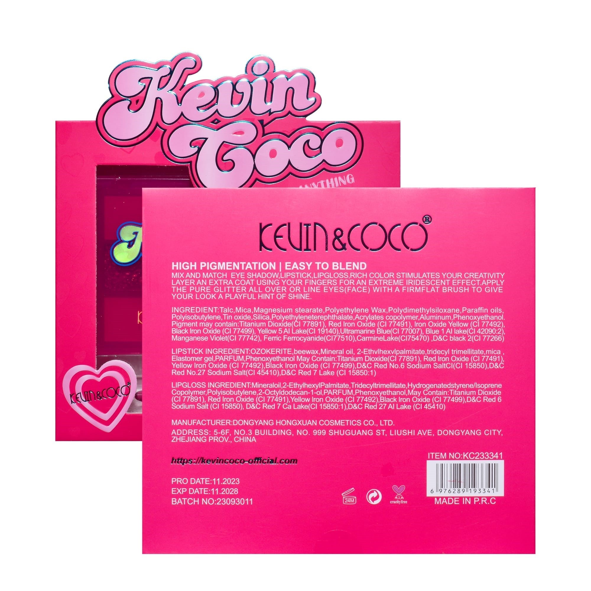Set 3 Produse de Machiaj, KEVIN &amp; COCO, Pink Hearted, 9 culori, 15.5 x 13 x 3.4 cm
