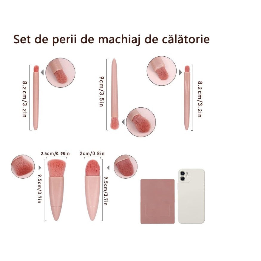 Set 5 Mini Pensule de Machiaj, Flippy, Portabile, in Carcasa cu Oglinda, din Par Sintetic Moale, Roz Pastel, 12x7x2.5 cm