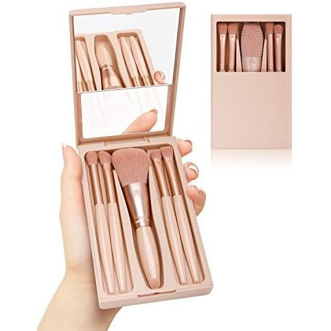Set 5 Pensule de Machiaj cu Peri Moi, Flippy, cu Suport pentru Depozitare si Oglinda, Roz Pal