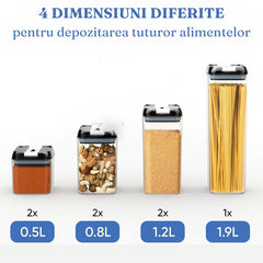 Set 7 Recipiente Organizare Alimente, Flippy, Inchidere Etansa, Etichete Reutilizabile, Cupe Masurare, 4 Dimensiuni Diferite, din Plastic Dur, Transparent