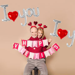 Balon din Folie Metalizata, Figurine Litere si Inima, Model I Love You, Tema Ziua Indragostitilor, 54x97 cm, Ambalaj Individual, Pai Inclus, Umflare cu Aer sau Heliu, Argintiu/Rosu