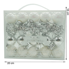 Set de 20 ornamente de brad, Flippy, de tip Glob, Alb/ Argintiu, din polistiren, cu finisaj sclipitor , cutie  4  cm adancime x 20  cm lungime x 16  cm inaltime