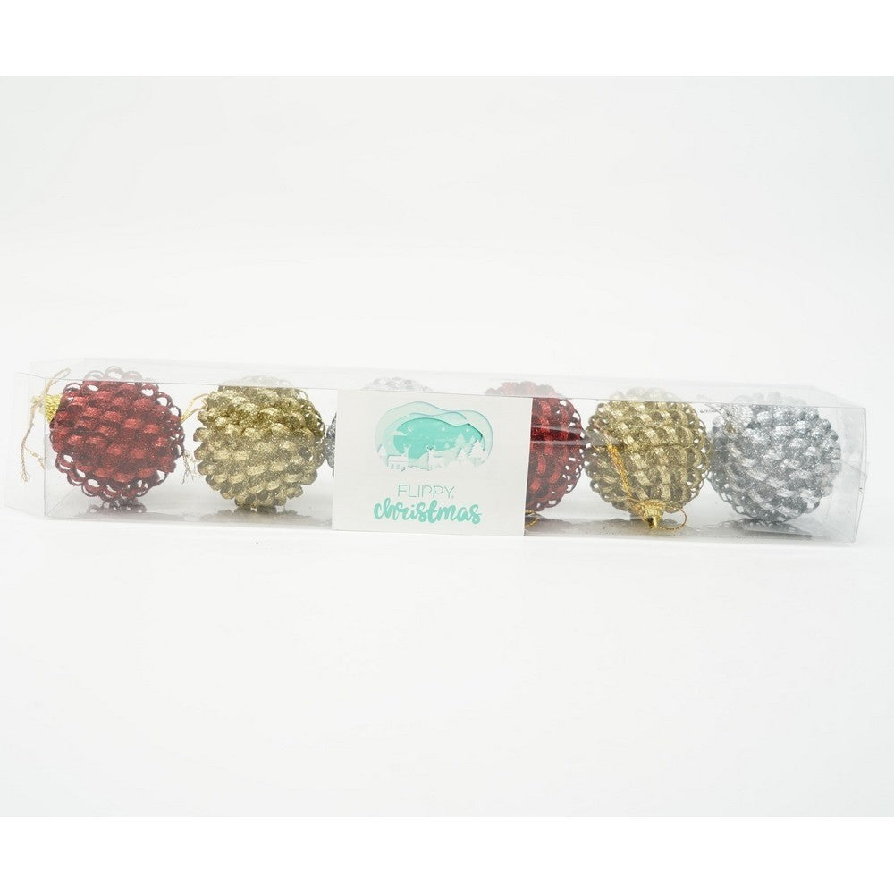 Set de 6 ornamente de brad, Flippy, de tip Glob, Multicolor, cu ø de 6 cm, din metal, cu finisaj sclipitor , cutie  6  cm adancime x 34  cm lungime x 6  cm inaltime